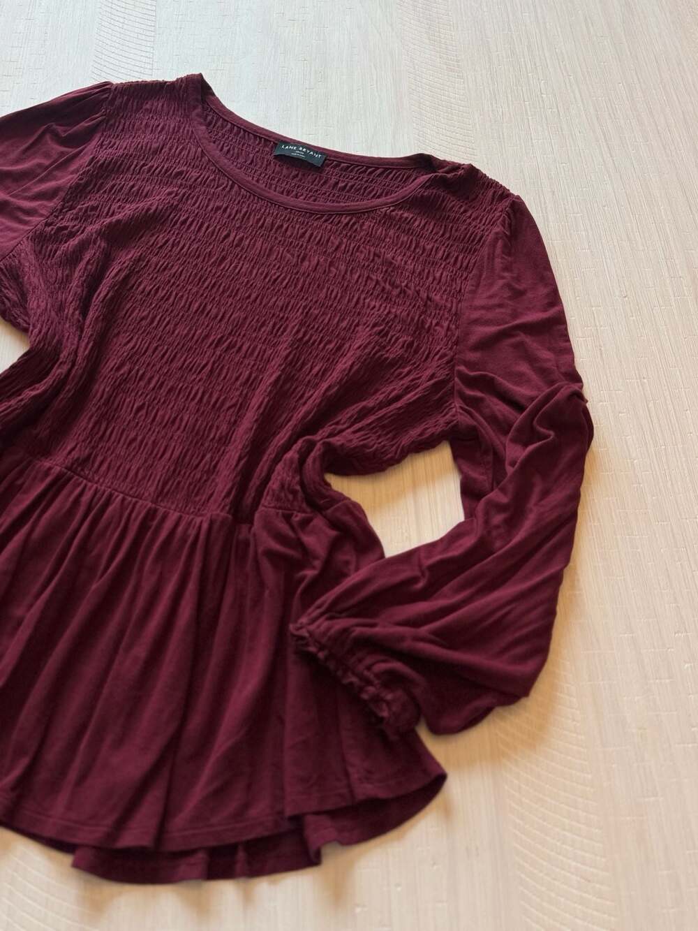 Lane Bryant Smocked Peplum Long Sleeve Top Burgundy Size 18/20
